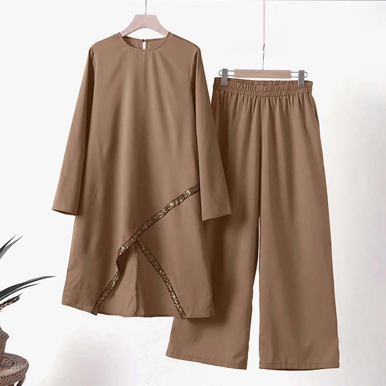 New Muslim Long Sleeve Blouse Abaya Suits with Sequins, 2PCS Islamic Clothing, Fashionable Urban Tracksuit