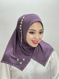 Islamic Flowers Solid Color Hijab – Hand-Beaded Cross Pattern Scarf, Women's Muslim Headband, Instant Shawl, Turkey