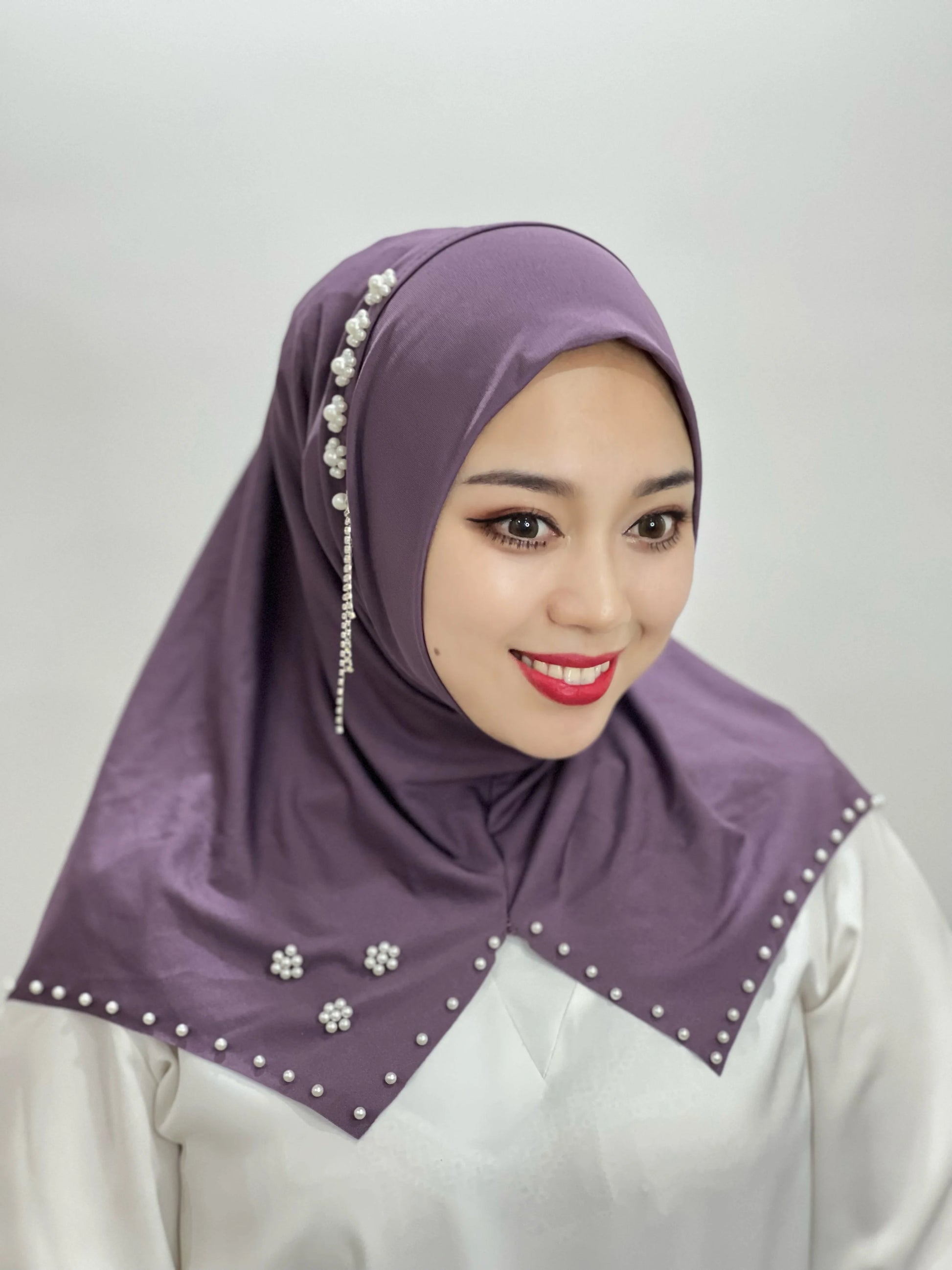 Islamic Flowers Solid Color Hijab – Hand-Beaded Cross Pattern Scarf, Women's Muslim Headband, Instant Shawl, Turkey