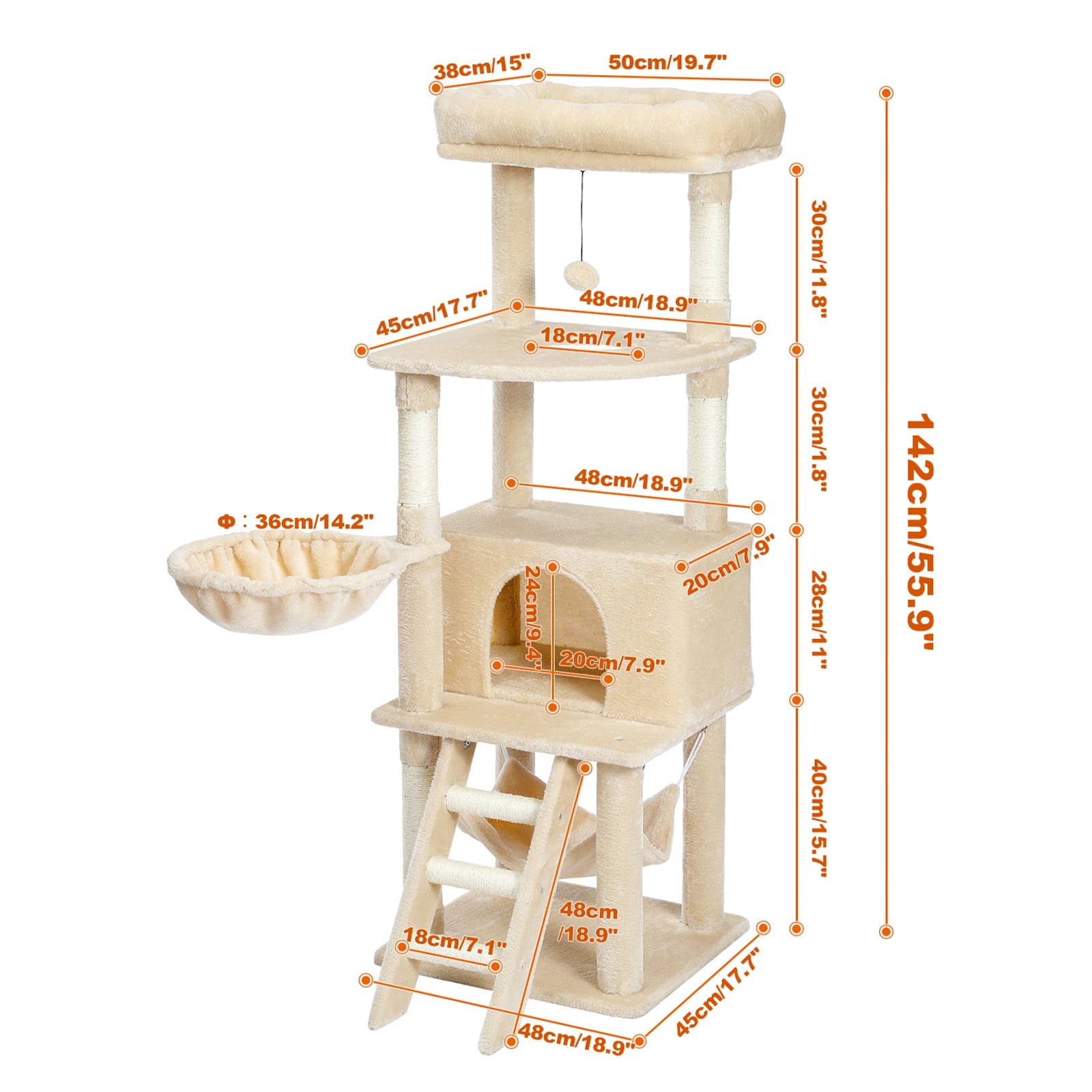 Large multi-layer cat tree tower with scratching posts, hammocks, and cozy condo for indoor cats