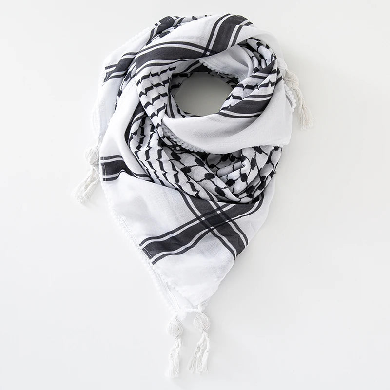 Classic Plaid Print Hijab Scarf - Black & White Shemagh with Pompom Tassels, Muslim Headscarf, Women’s Arab Keffiyeh
