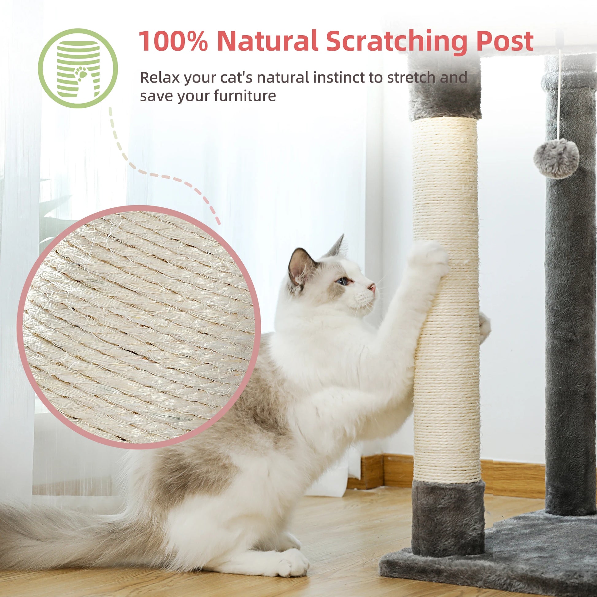 Adjustable tall cat scratching post 236-258cm, multi-level cat tower with hammock, condo, cozy kitten furniture, pet cat tree with toys