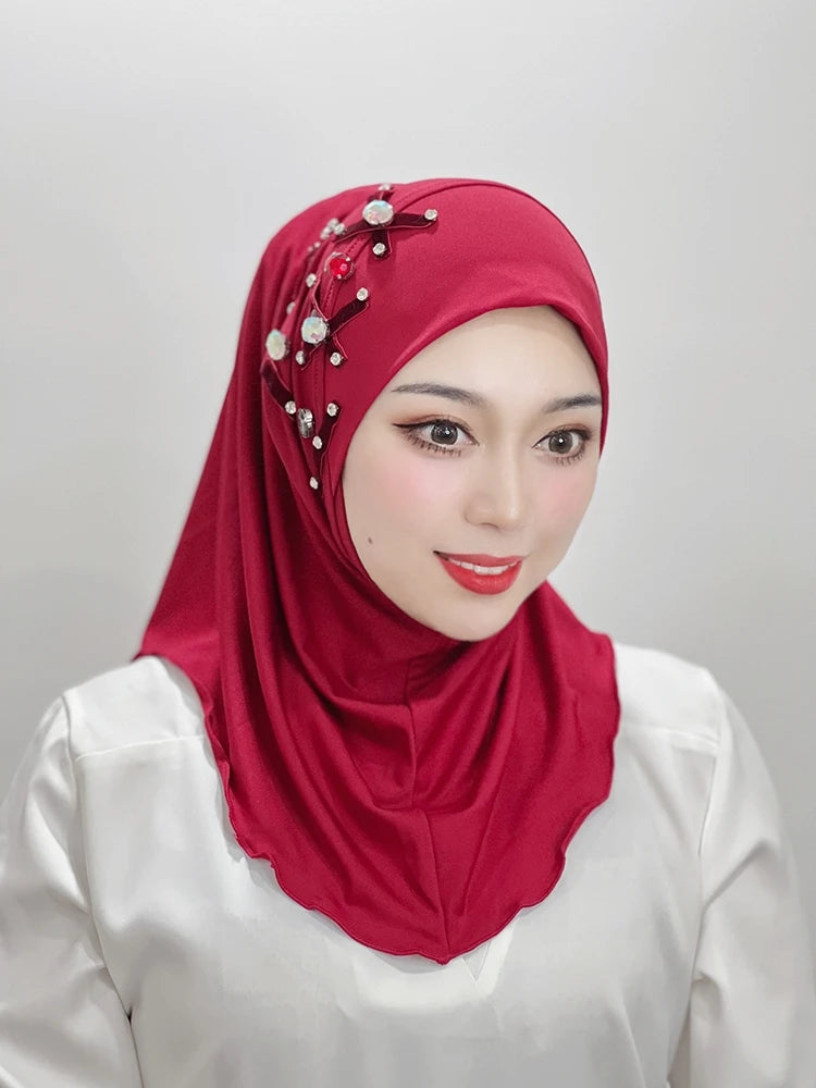 Islamic Flowers Solid Color Hijab – Hand-Beaded Cross Pattern Scarf, Women's Muslim Headband, Instant Shawl, Turkey