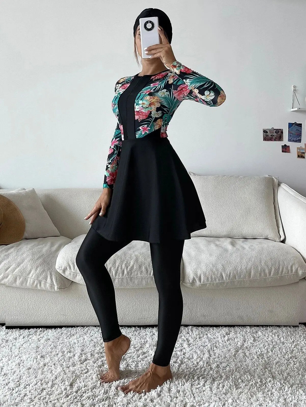 Fashionable Floral Printed Burkini Set – Full-Cover Muslim Swimwear for Women