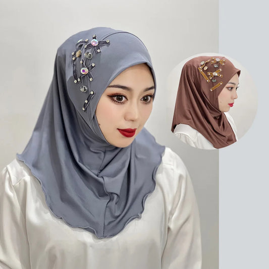Islamic Flowers Solid Color Hijab – Hand-Beaded Cross Pattern Scarf, Women's Muslim Headband, Instant Shawl, Turkey