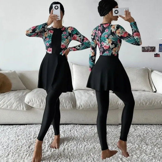 Fashionable Floral Printed Burkini Set – Full-Cover Muslim Swimwear for Women