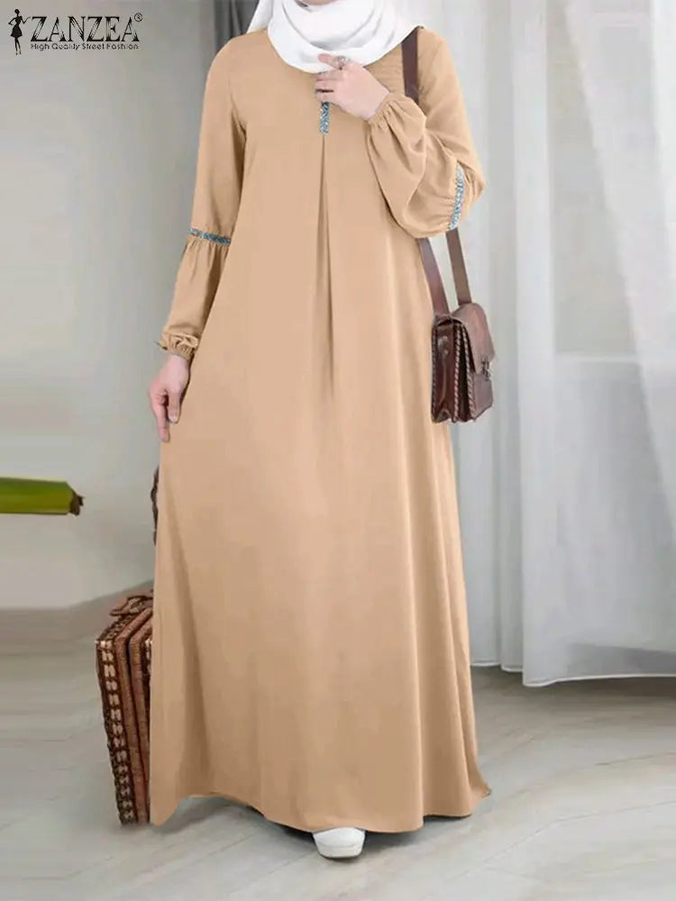 ZANZEA Fashion Muslim Abaya – Women's Casual Sequin Sundress, Solid Party Holiday Dress, Long Sleeve Islamic Clothing