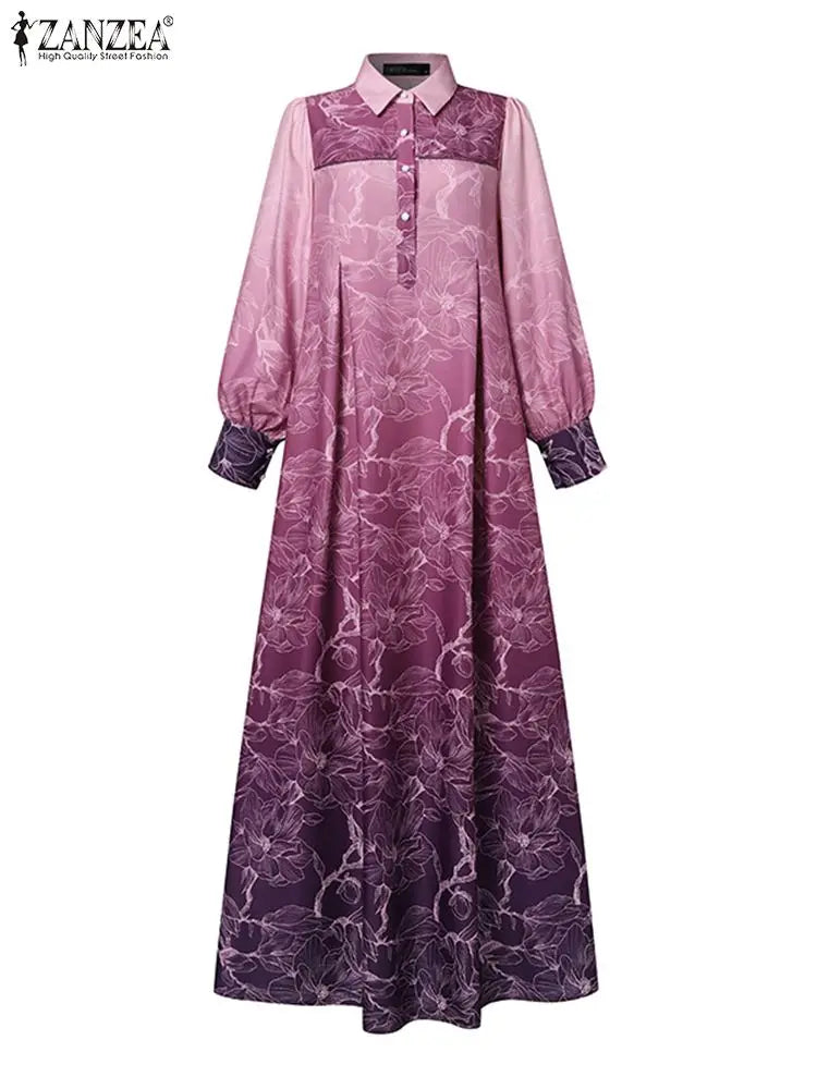 ZANZEA Lantern Sleeve Islamic Dubai Maxi Dress – 2024 Spring Loose Fashion Printed Gradient Muslim Abaya
