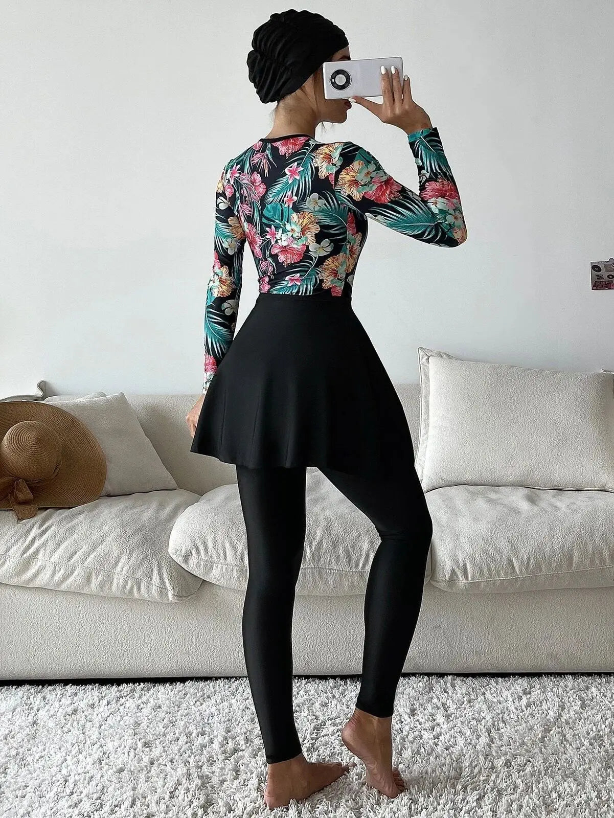 Fashionable Floral Printed Burkini Set – Full-Cover Muslim Swimwear for Women