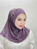 Islamic Flowers Solid Color Hijab – Hand-Beaded Cross Pattern Scarf, Women's Muslim Headband, Instant Shawl, Turkey
