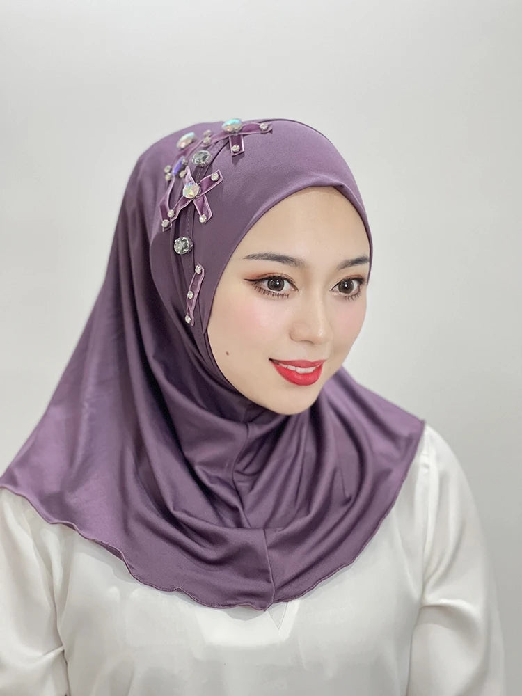 Islamic Flowers Solid Color Hijab – Hand-Beaded Cross Pattern Scarf, Women's Muslim Headband, Instant Shawl, Turkey