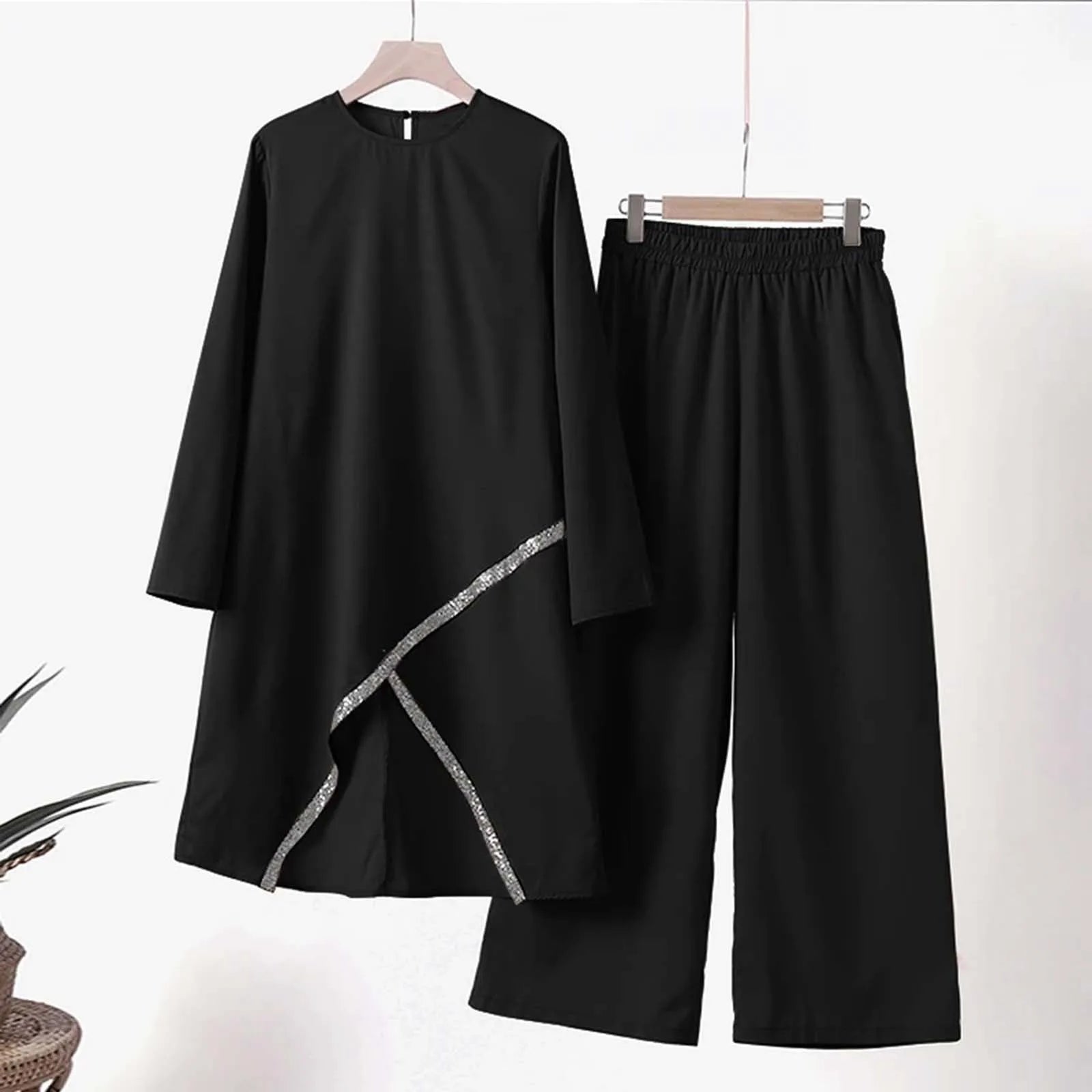 New Muslim Long Sleeve Blouse Abaya Suits with Sequins, 2PCS Islamic Clothing, Fashionable Urban Tracksuit