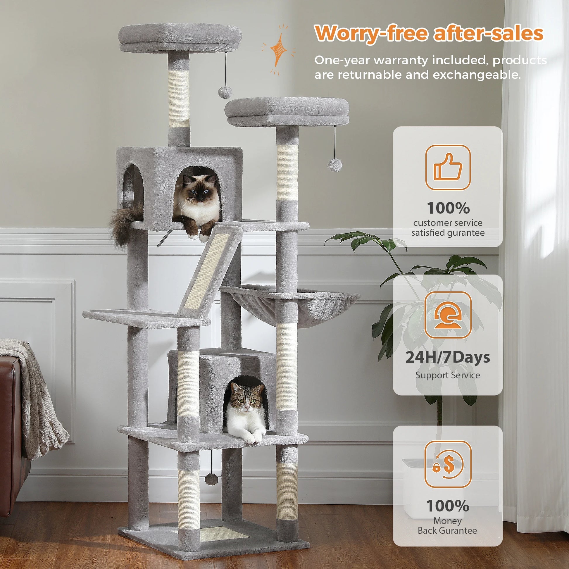 Large Multi-Level Cat Tree – Tall Plush Cat Tower for Indoor Cats with Scratching Posts, Scratching Boards, Perches & Caves