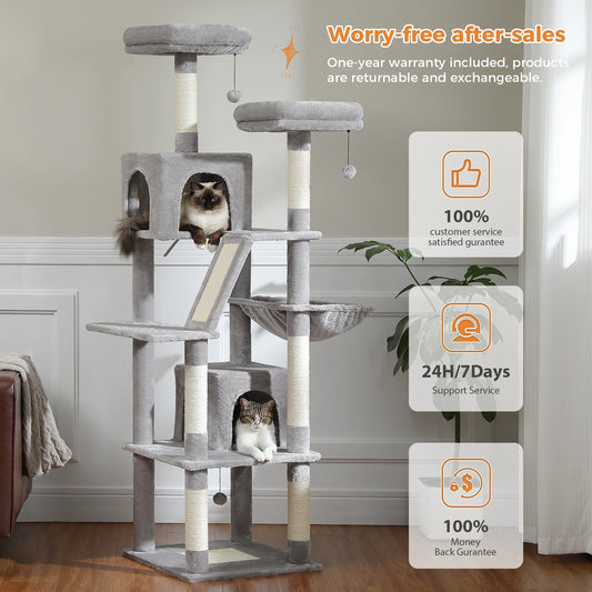 Large Multi-Level Cat Tree – Tall Plush Cat Tower for Indoor Cats with Scratching Posts, Scratching Boards, Perches & Caves