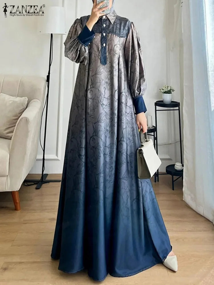 ZANZEA Lantern Sleeve Islamic Dubai Maxi Dress – 2024 Spring Loose Fashion Printed Gradient Muslim Abaya