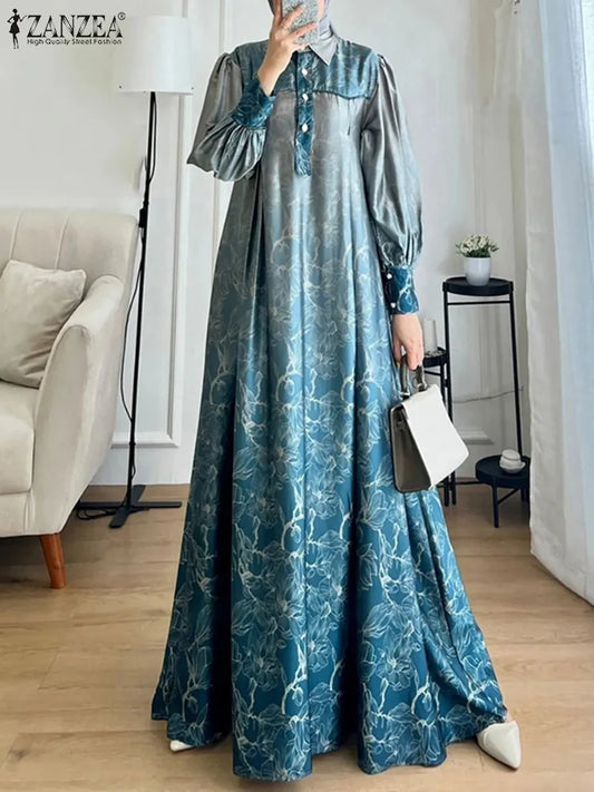 ZANZEA Lantern Sleeve Islamic Dubai Maxi Dress – 2024 Spring Loose Fashion Printed Gradient Muslim Abaya