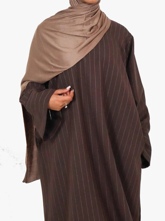 Pinstripe Muslim Women's Dress – Loose Casual Islamic Clothing, Dubai Abaya with Side Pockets, Modest Outfit for Ramadan, Eid, and Autumn