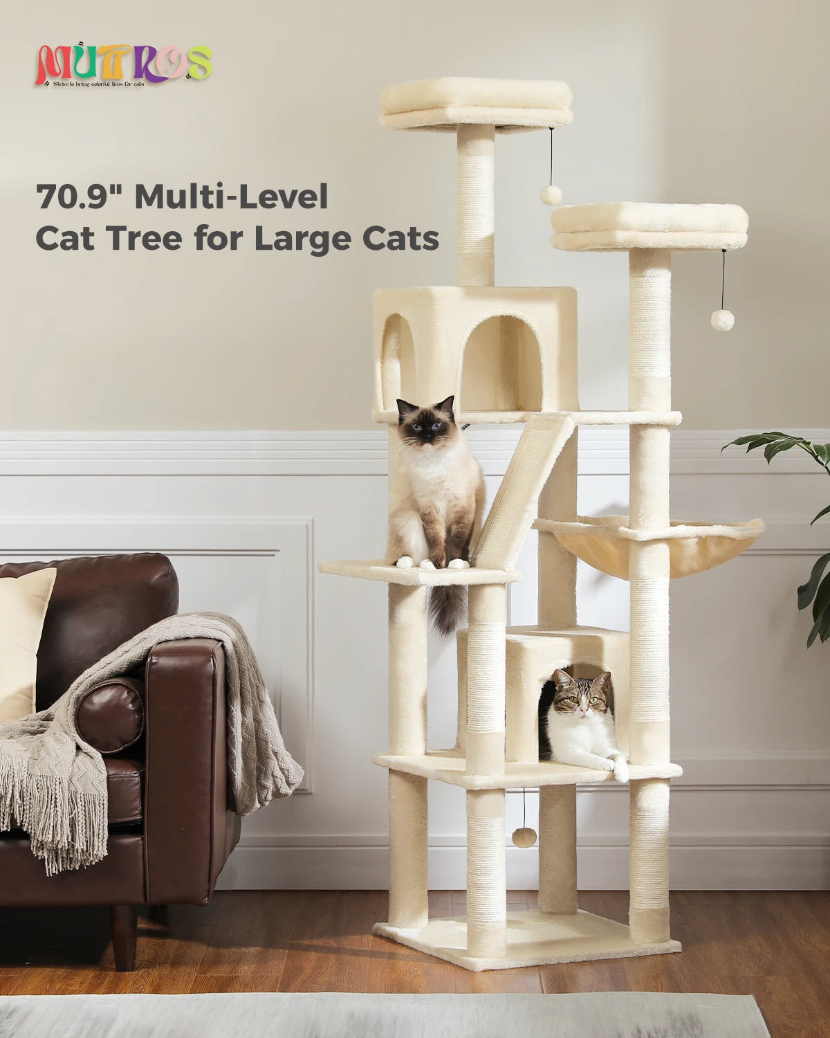 Large Multi-Level Cat Tree – Tall Plush Cat Tower for Indoor Cats with Scratching Posts, Scratching Boards, Perches & Caves