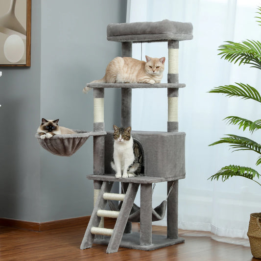 Large multi-layer cat tree tower with scratching posts, hammocks, and cozy condo for indoor cats